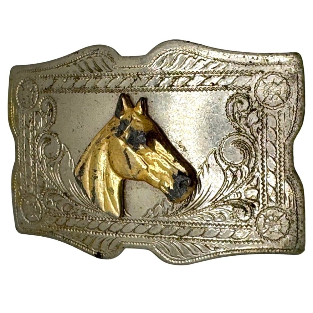 Silvertone Western Belt Buckle Gold Horsehead Engraved Floral Rope Design Vtg
